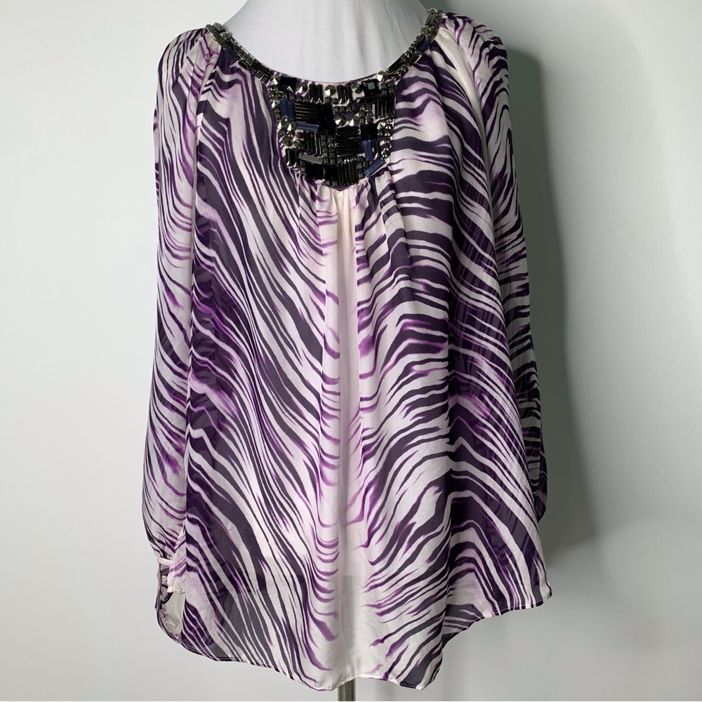 Robert Graham Women's Purple White Zebra Print Beaded Long Sleeve Blouse Size L